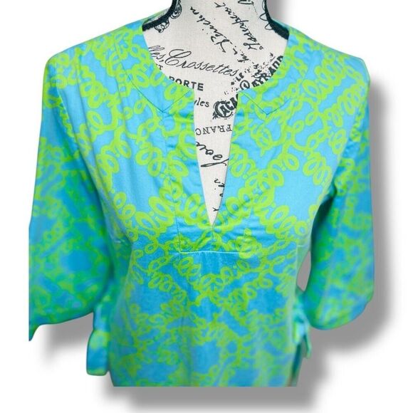 Lilly Pulitzer S Cotton Blouse Blue Green Print Split Neck Tunic Top Side Ties - Picture 4 of 10